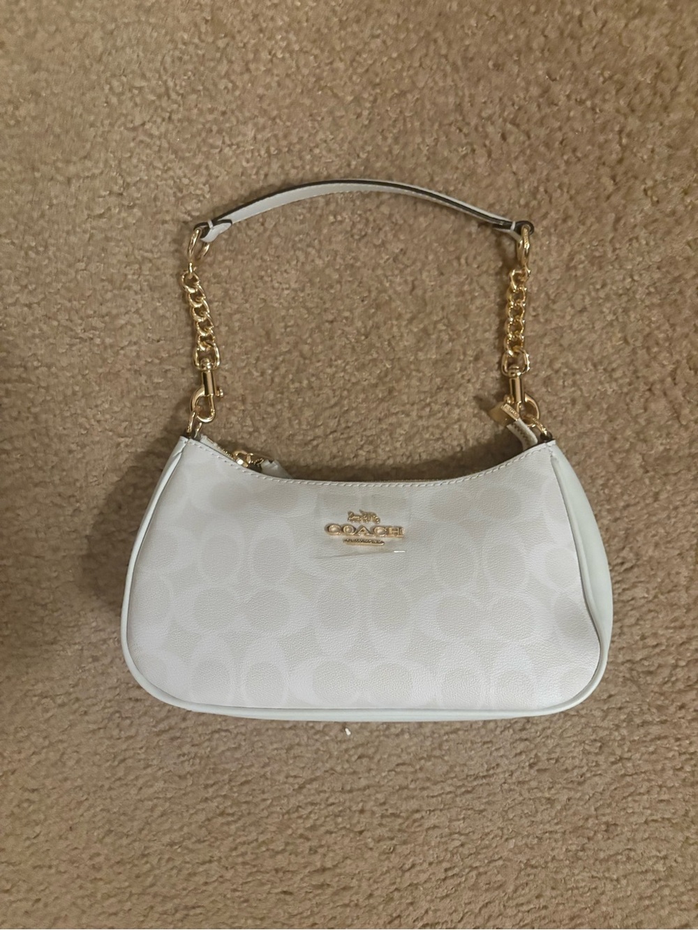 Coach White Signature Jacquard Shoulder Bag with Gold Hardware